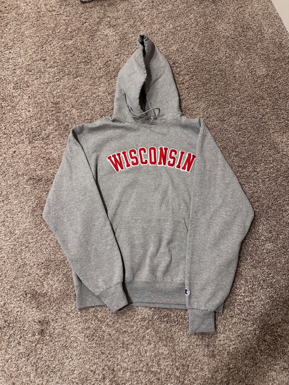 Champion Gray Wisconsin Hoodie with Red Lettering